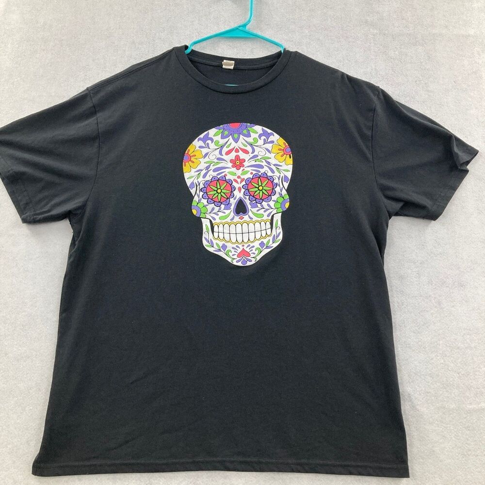 Men's XL Black Sugar Skull T-Shirt Day of the Dead Graphic Tee Cotton Blend